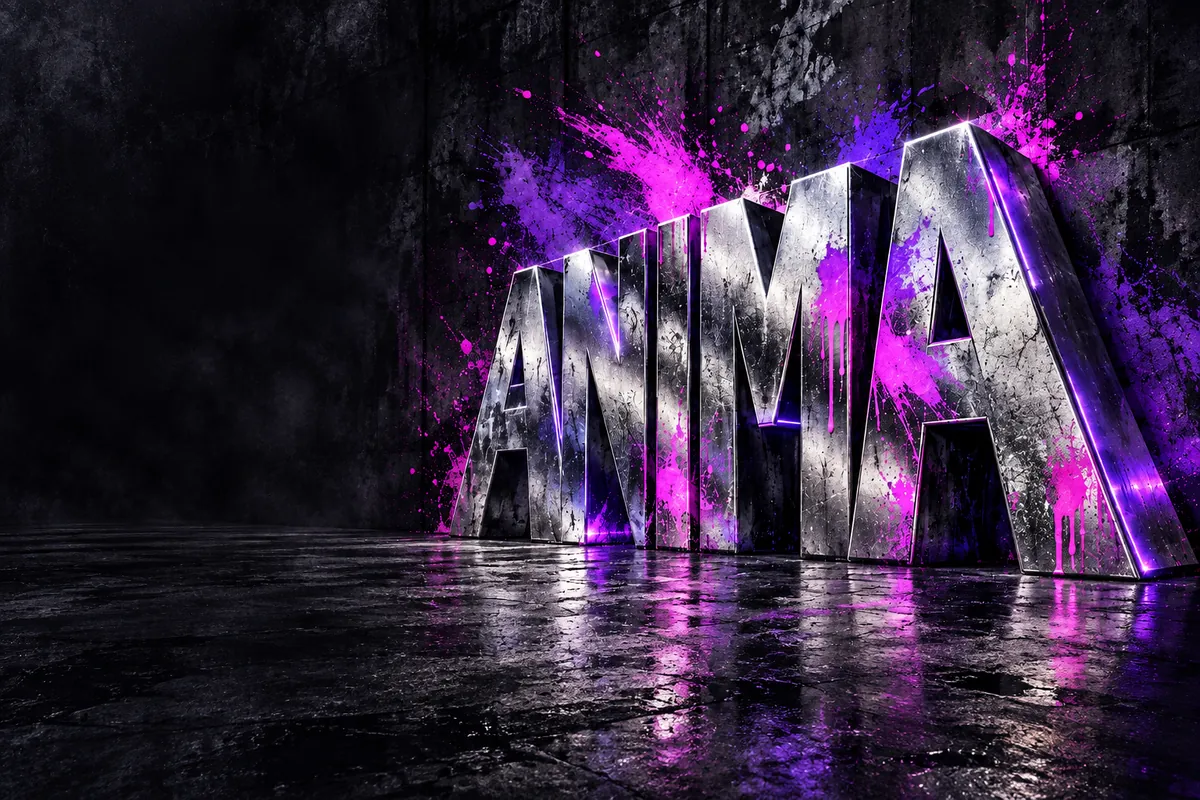 ANIMA, lettres monumentales en métal sculpté, peinture violette et fuchsia